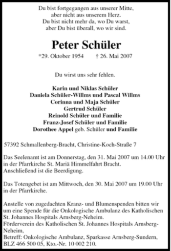 Traueranzeige von Peter Schüler von Tageszeitung