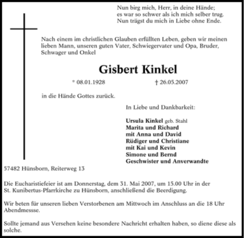 Traueranzeige von Gisbert Kinkel von Tageszeitung