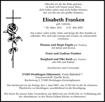Traueranzeige von Elisabeth Franken von Tageszeitung