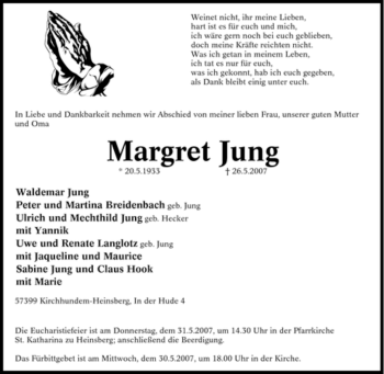 Traueranzeige von Margret Jung von Tageszeitung