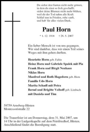 Traueranzeige von Paul Horn von Tageszeitung