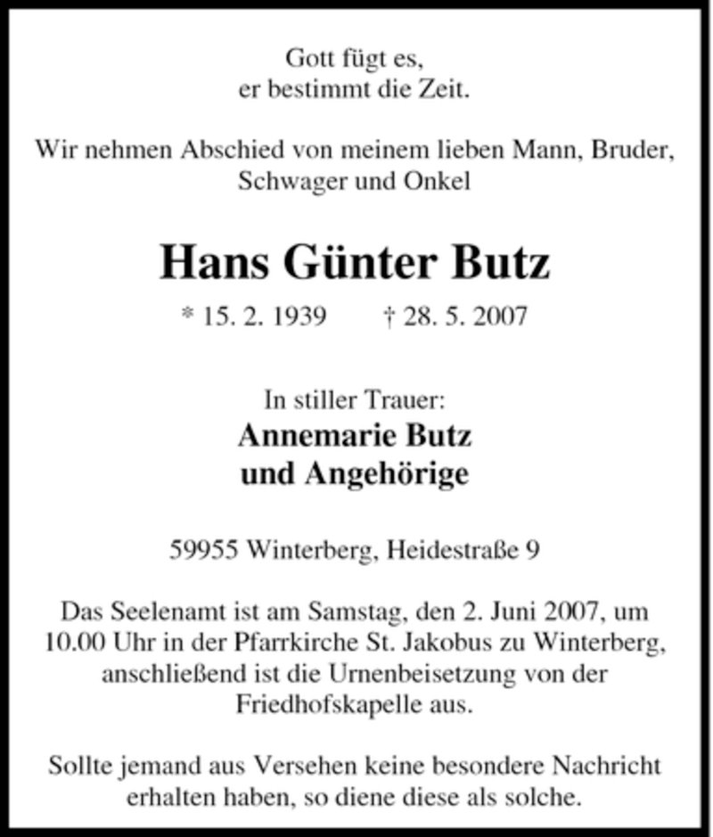  Traueranzeige für Hans Günter Butz vom 29.05.2007 aus Tageszeitung