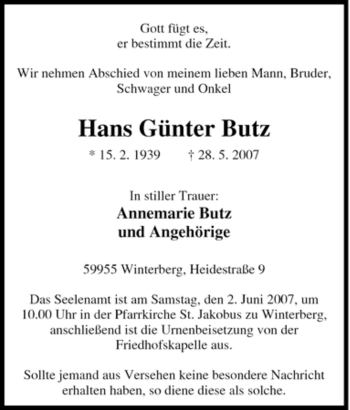 Traueranzeige von Hans Günter Butz von Tageszeitung