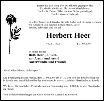 Traueranzeige von Herbert Heer von Tageszeitung