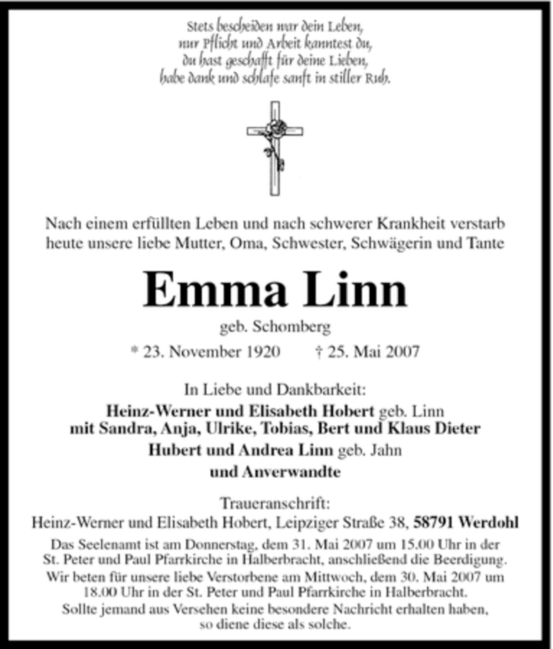  Traueranzeige für Emma Linn vom 29.05.2007 aus Tageszeitung