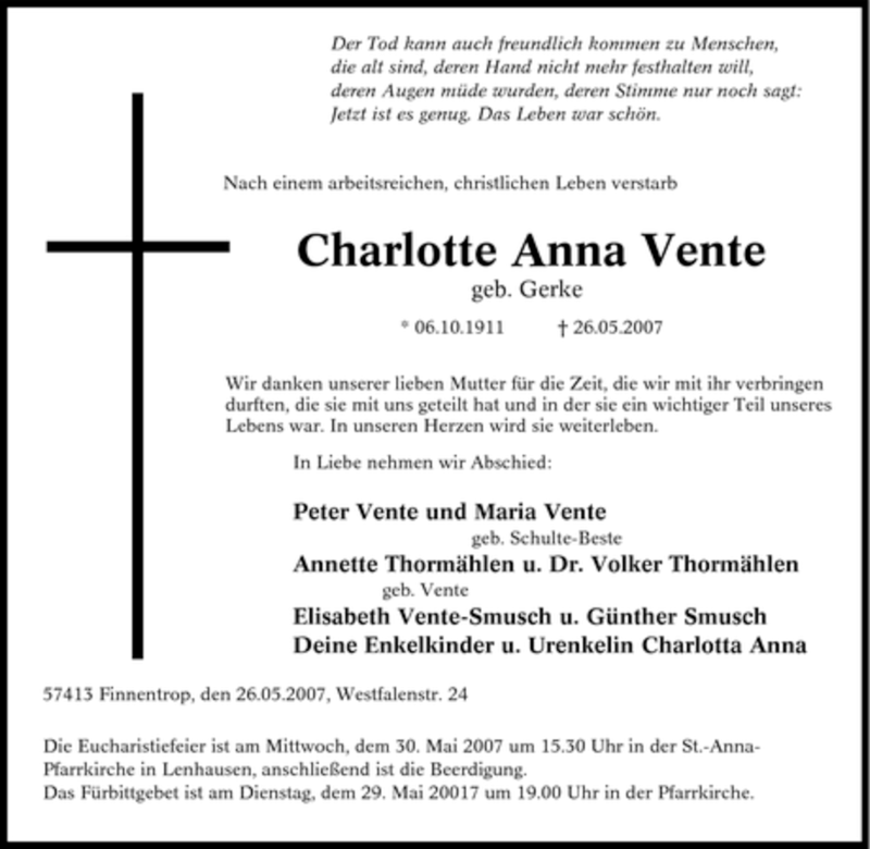  Traueranzeige für Charlotte Anna Vente vom 29.05.2007 aus Tageszeitung
