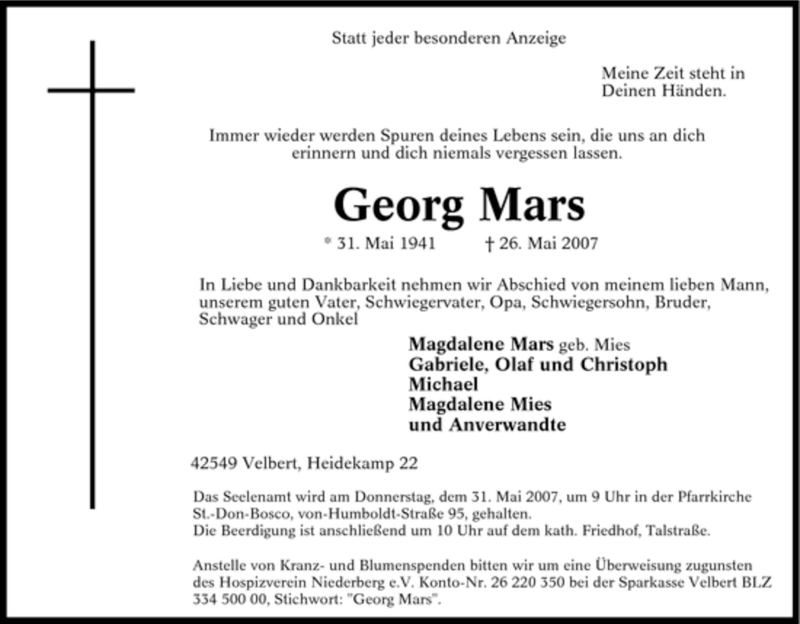  Traueranzeige für Georg Mars vom 29.05.2007 aus Tageszeitung