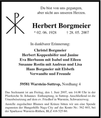 Traueranzeige von Herbert Borgmeier von Tageszeitung