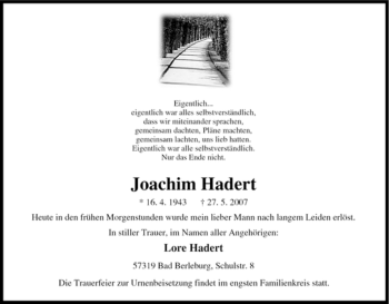 Traueranzeige von Joachim Hadert von Tageszeitung