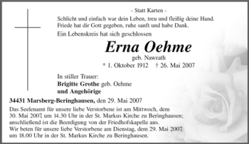 Traueranzeige von Erna Oehme von Tageszeitung