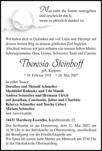 Traueranzeige von Theresia Steinhoff von Tageszeitung