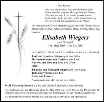 Traueranzeige von Elisabeth Wiegers von Tageszeitung