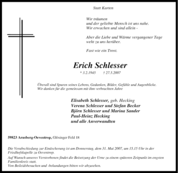 Traueranzeige von Erich Schlesser von Tageszeitung