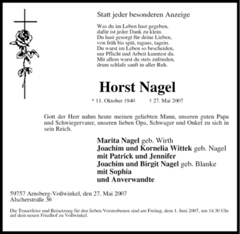 Traueranzeige von Horst Nagel von Tageszeitung