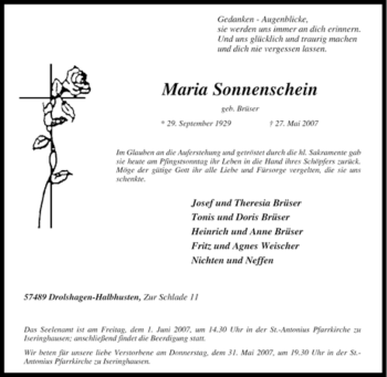 Traueranzeige von Maria Sonnenschein von Tageszeitung