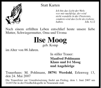 Traueranzeige von Ilse Moog von Tageszeitung