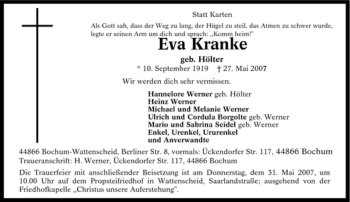 Traueranzeige von Eva Kranke von Tageszeitung