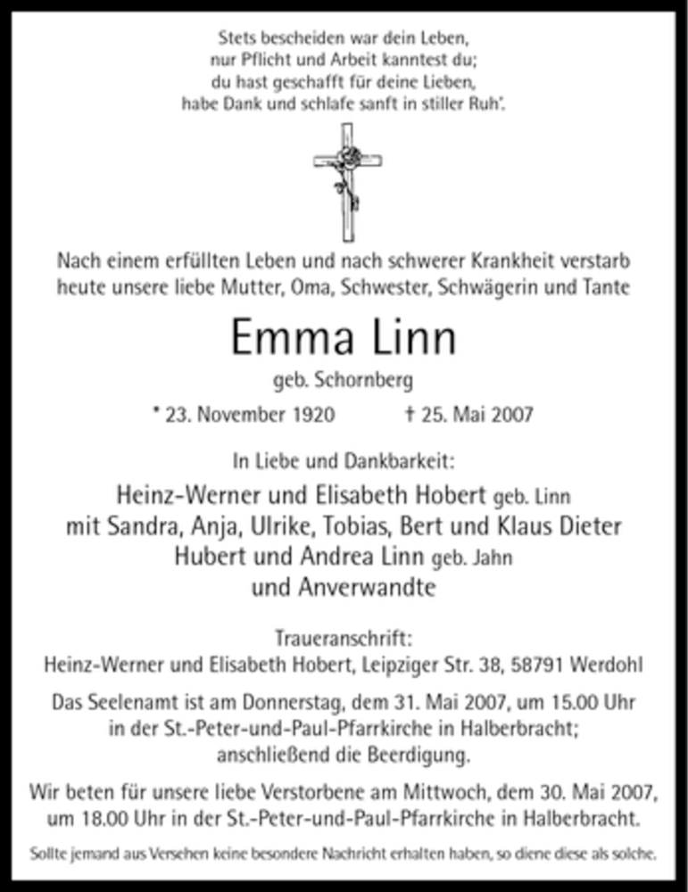  Traueranzeige für Emma Linn vom 29.05.2007 aus Tageszeitung