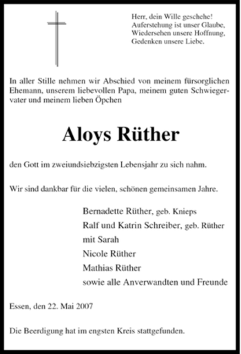 Traueranzeige von Aloys Rüther von Tageszeitung