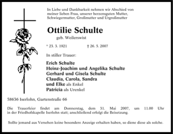 Traueranzeige von Ottilie Schulte von Tageszeitung