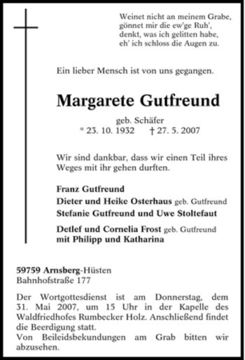 Traueranzeige von Margarete Gutfreund von Tageszeitung