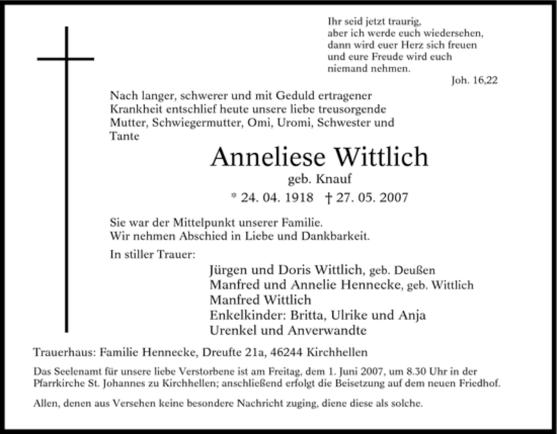  Traueranzeige für Anneliese Wittlich vom 30.05.2007 aus Tageszeitung