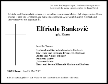 Traueranzeige von Elfriede Bankovic von Tageszeitung