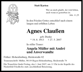 Traueranzeige von Agnes Claußen von Tageszeitung