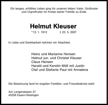 Traueranzeige von Helmut Kleuser von Tageszeitung