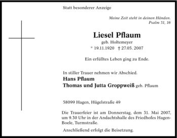 Traueranzeige von Liesel Pflaum von Tageszeitung