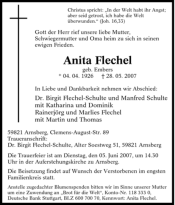 Traueranzeige von Anita Flechel von Tageszeitung