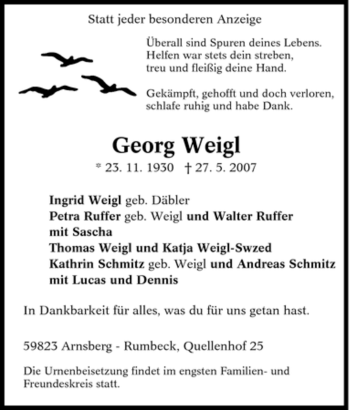 Traueranzeige von Georg Weigl von Tageszeitung