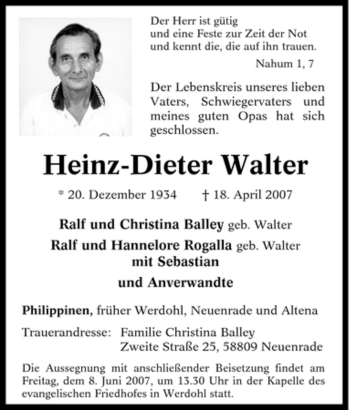 Traueranzeige von Heinz-Dieter Walter von Tageszeitung