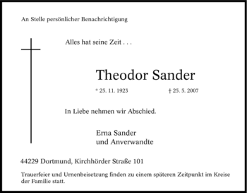 Traueranzeige von Theodor Sander von Tageszeitung