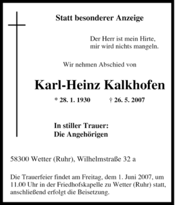 Traueranzeige von Karl-Heinz Kalkhofen von Tageszeitung