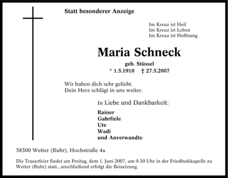  Traueranzeige für Maria Schneck vom 30.05.2007 aus Tageszeitung