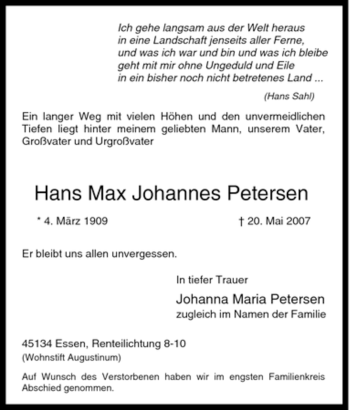 Traueranzeige von Hans Max Johannes Petersen von Tageszeitung