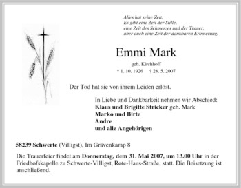 Traueranzeige von Emmi Mark von Tageszeitung