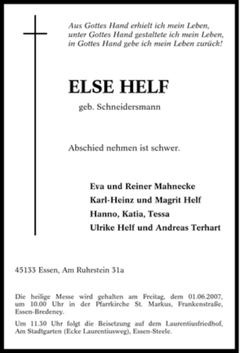 Traueranzeige von Else Helf von Tageszeitung