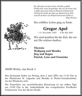 Traueranzeige von Gregor Apel von Tageszeitung