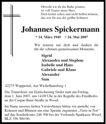Traueranzeige von Johannes Spickermann von Tageszeitung