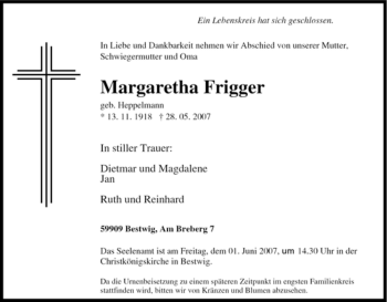 Traueranzeige von Margaretha Frigger von Tageszeitung