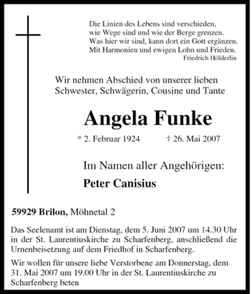  Traueranzeige für Angela Funke vom 30.05.2007 aus Tageszeitung