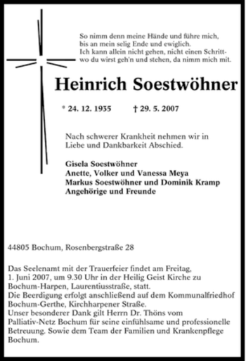 Traueranzeige von Heinrich Soestwöhner von Tageszeitung