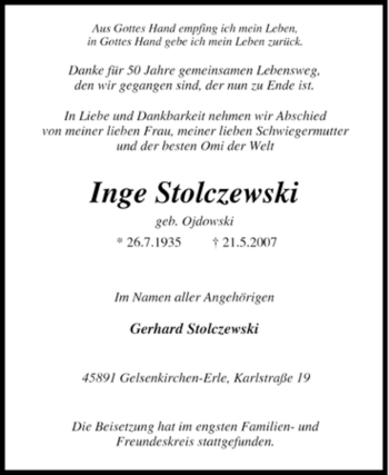 Traueranzeige von Inge Stolczewski von Tageszeitung