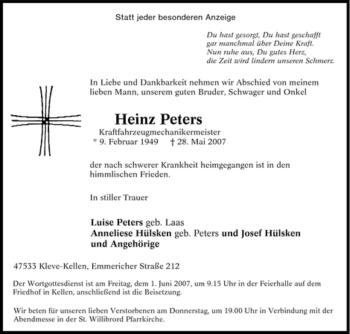 Traueranzeige von Heinz Peters von Tageszeitung
