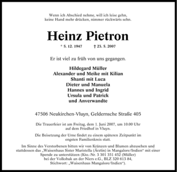 Traueranzeige von Heinz Pietron von Tageszeitung