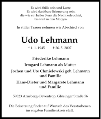 Traueranzeige von Udo Lehmann von Tageszeitung