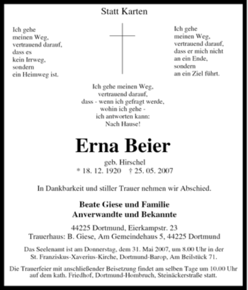 Traueranzeige von Erna Beier von Tageszeitung