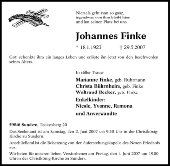 Traueranzeige von Johannes Finke von Tageszeitung